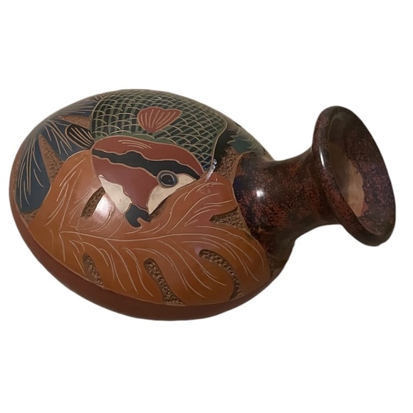 Pair Hand Sculpted Pottery Fish And Bird Vase Hand Tooled - Picture 7 of 15